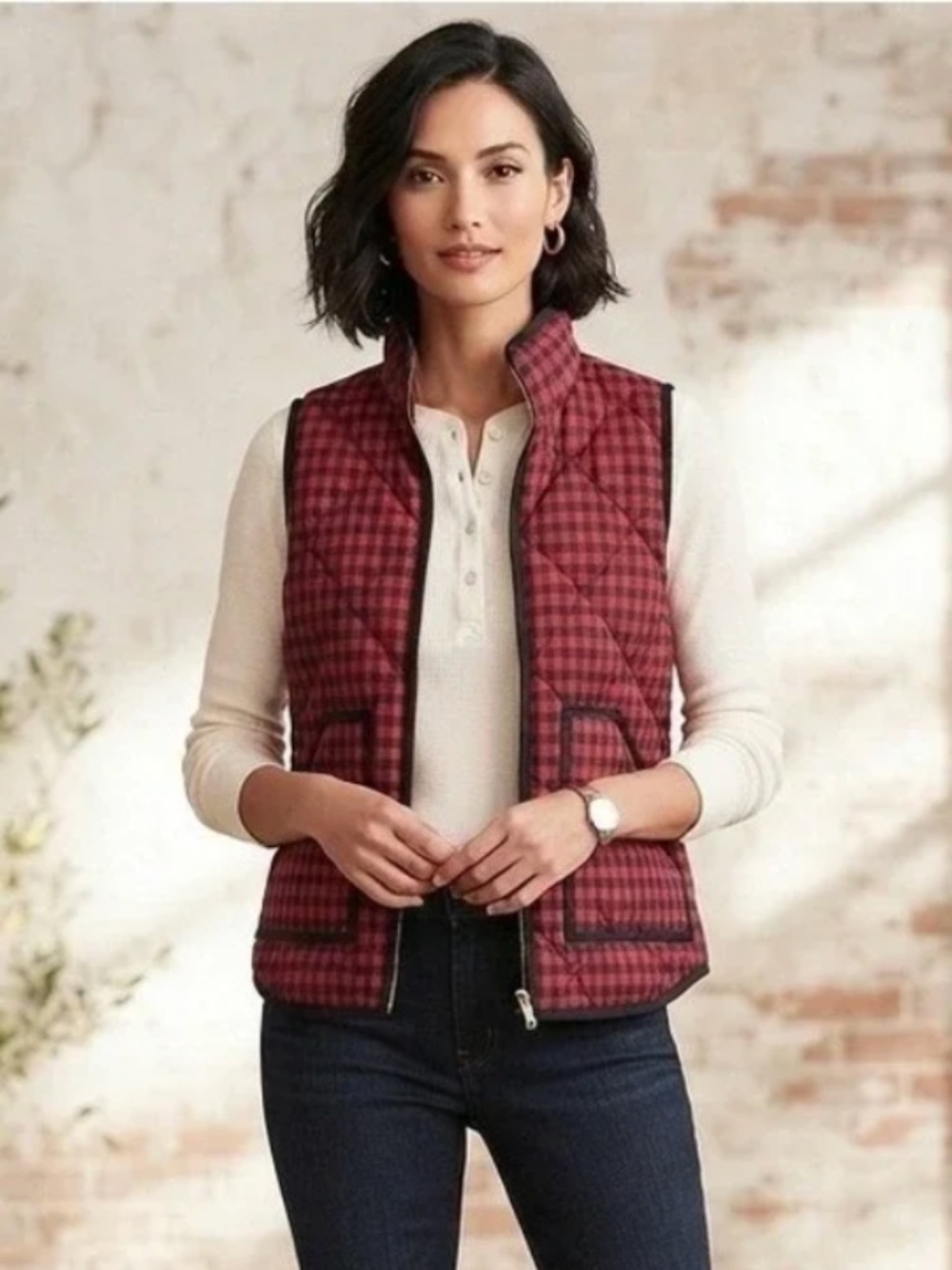 J Crew Red Black Buffalo Check Quilted Puffer Vest Gilet Size Medium
